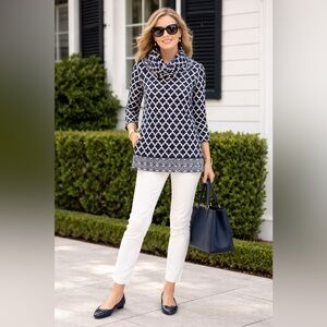 Gretchen Scott Womens Geometric Black White Cotton Light Cowl Neck Top S